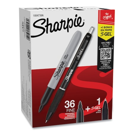 Sharpie Fine Tip Permanent Marker Value Pack with 1 Bonus S-Gel 0.7 mm Black Ink Pen, Black Ink, 36PK 1884739